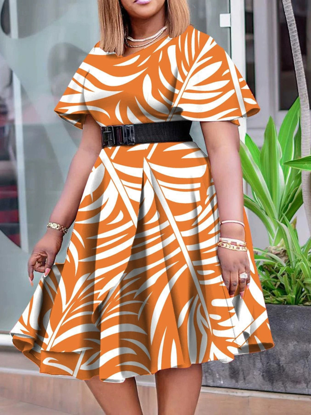 Summer Chic Tie Waist Plus Size African Print Midi Dress